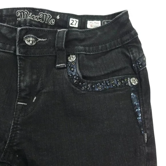 Miss Me Jeans Mid Rise Skinny Black Size 27 Stretch Studs Rhinestones Sequins - Picture 14 of 16